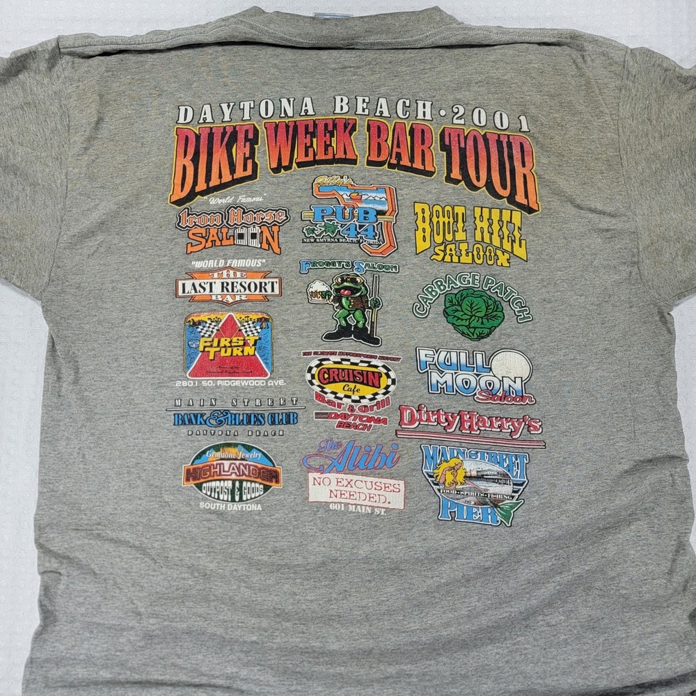 Vintage Single Stitch 2001 Daytona Beach Bike Week Bar Tour T-Shirt Gray XL